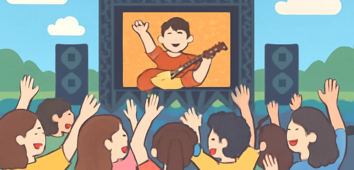 A large outdoor rock festival crowd of teenagers and college students cheering at a summer daytime s