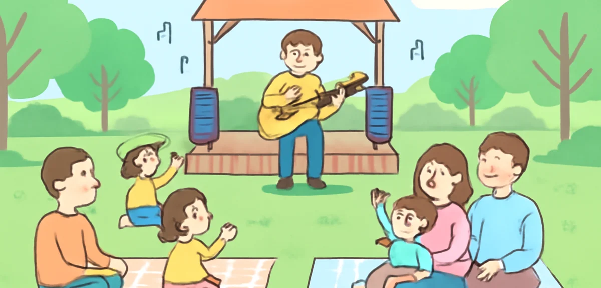 A family friendly small outdoor music festival in a green park, parents with children sitting on pic