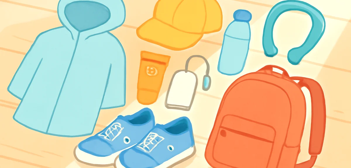 Flat lay of summer music festival essentials on a wooden floor: rain poncho, waterproof sneakers, ca