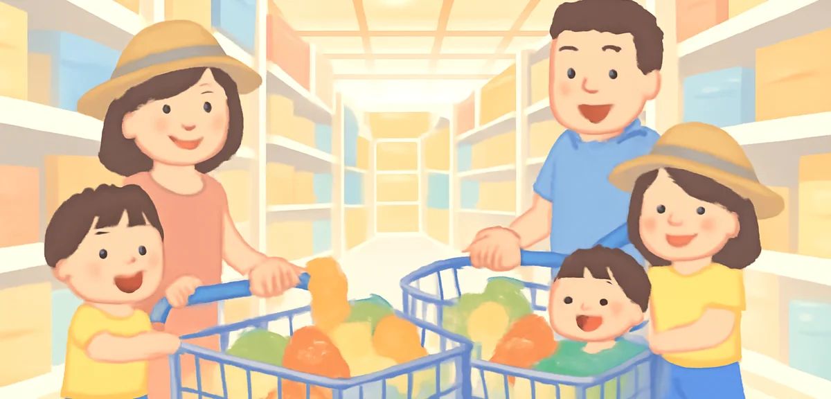 A wide shot of a large warehouse-style store aisle with families pushing oversized shopping carts, s