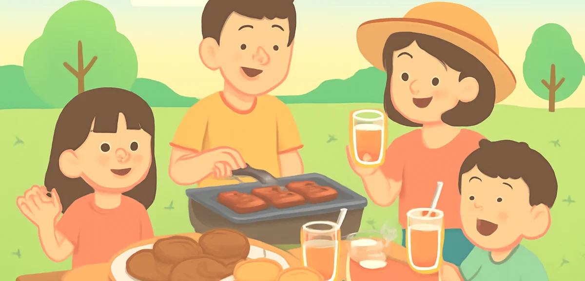 A summer BBQ scene at a park with large amounts of meat, buns, drinks and watermelon on the table, f
