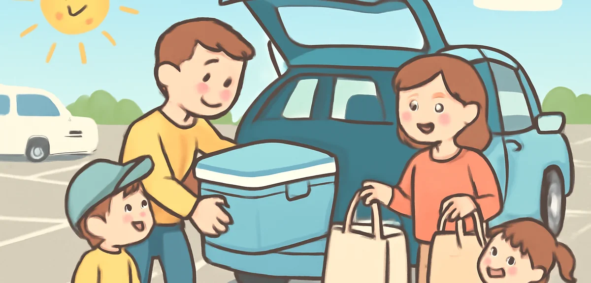 A family loading a big cooler box and shopping bags into the trunk of a car in a large parking lot o