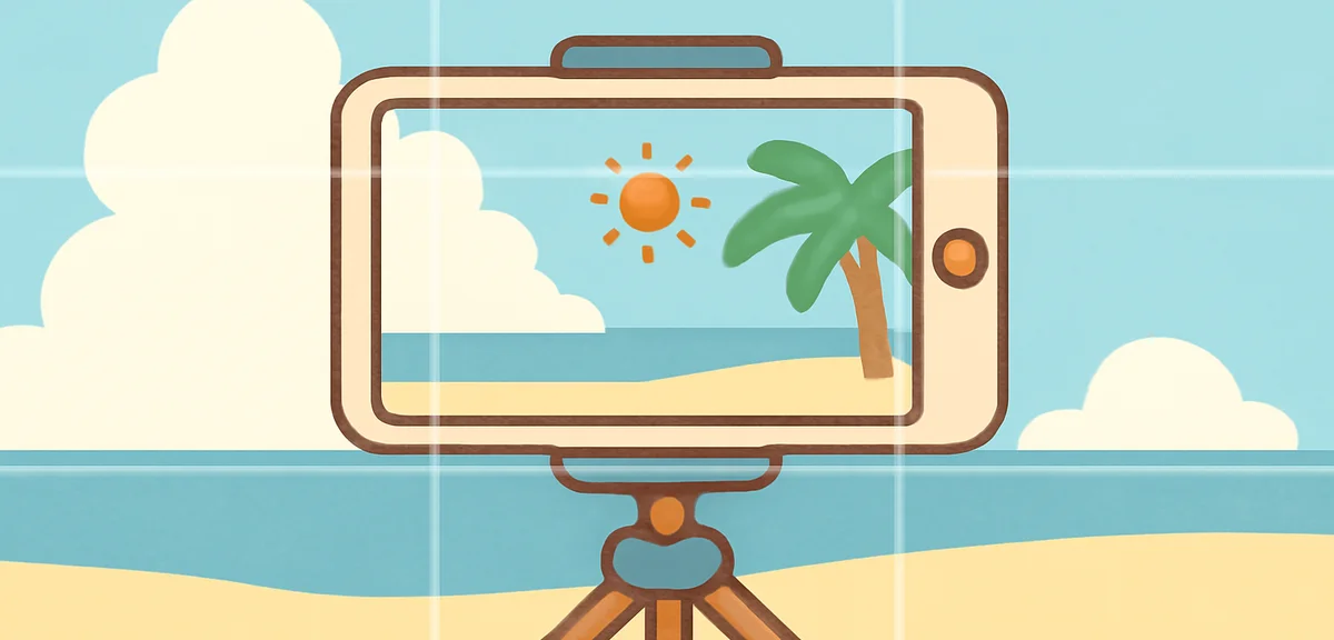 Flat illustration of a smartphone on a mini tripod capturing a summer scene, rule of thirds composit