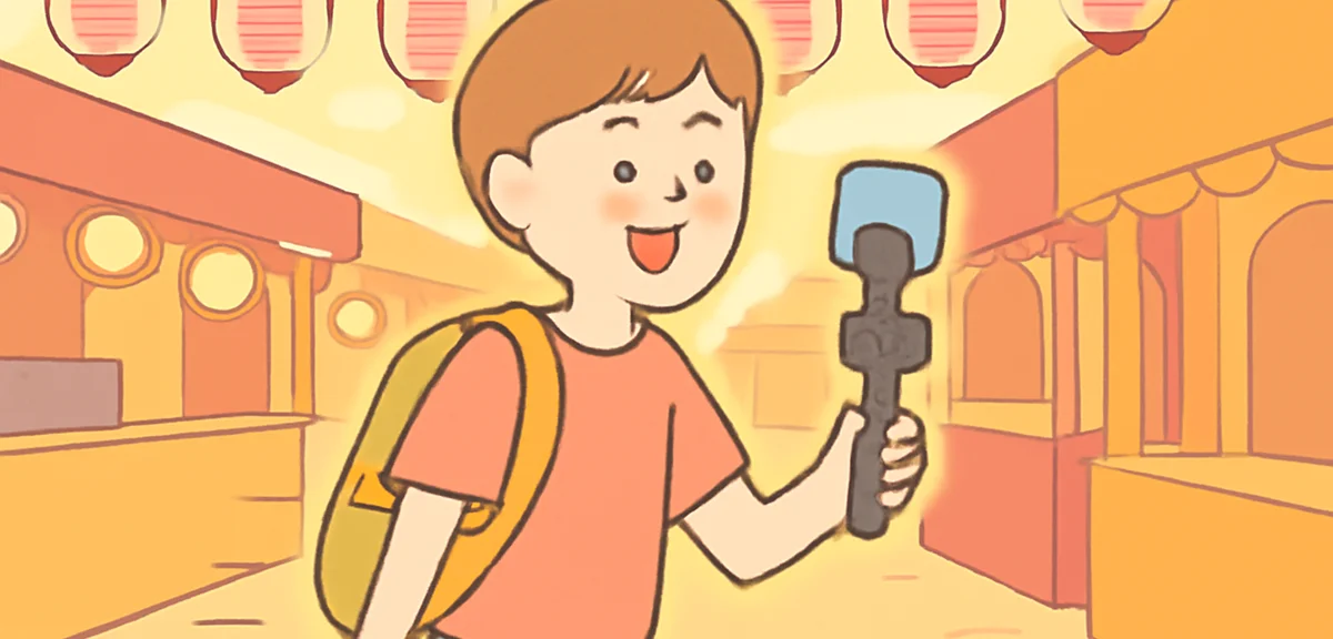 Flat illustration of a teenager holding a smartphone with a small handheld gimbal walking through a 