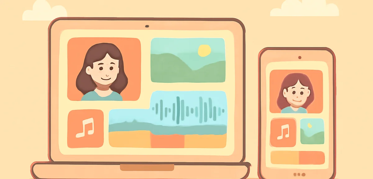 Flat illustration of a laptop and smartphone screen showing a video editing timeline with clips, mus