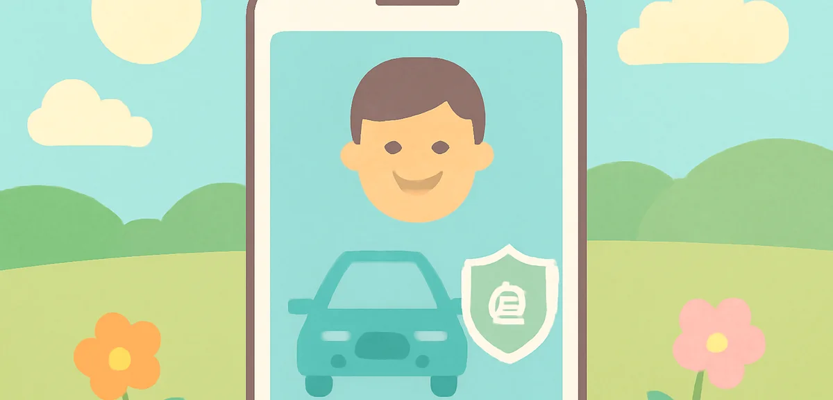 Flat illustration of a smartphone screen with a blurred face and a blurred car license plate icon, p