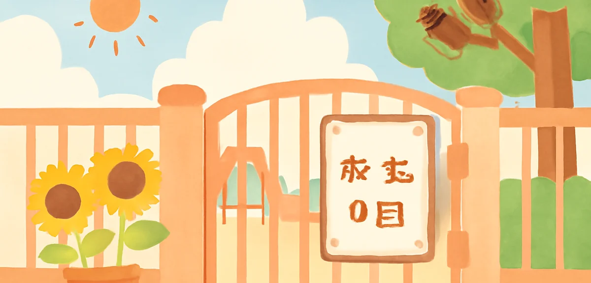 Watercolor illustration of a closed Japanese hoikuen (daycare) gate with a notice board saying obon 