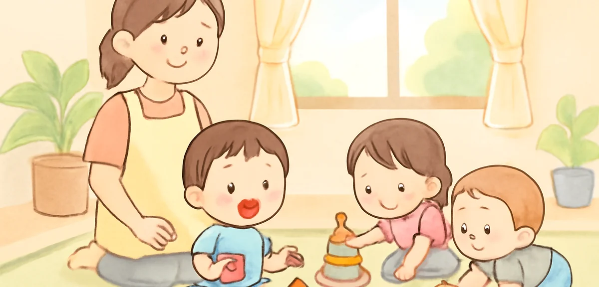 Watercolor illustration of a Japanese temporary daycare room in summer. A few toddlers playing with 