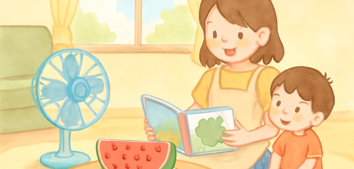 Watercolor illustration of a friendly babysitter reading a picture book to a small child in a bright