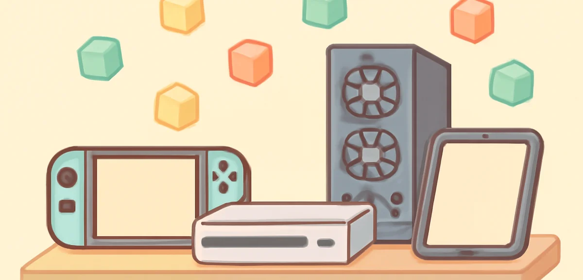 Illustration of several game platforms lined up on a wooden shelf — a hybrid handheld console, a hom