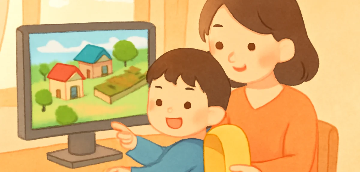 Cozy scene of a Japanese elementary school child and a parent looking together at a screen showing a