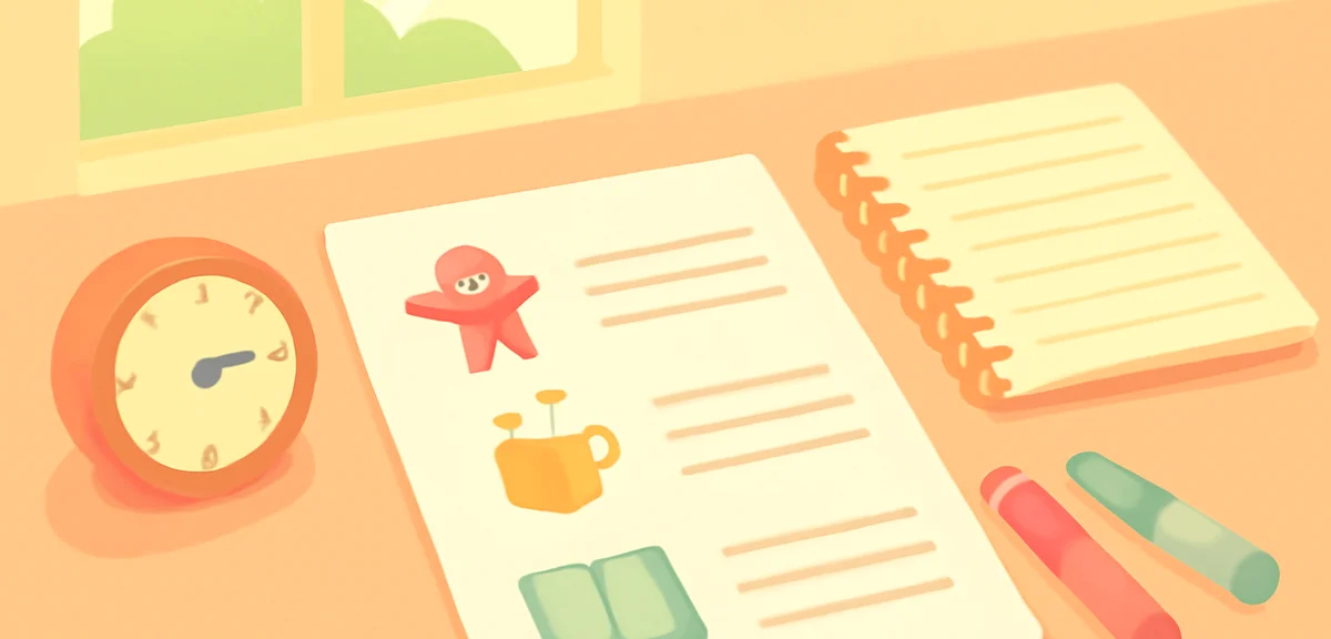 Illustration of a paper family rules sheet on a desk listing daily play time, break time, and homewo