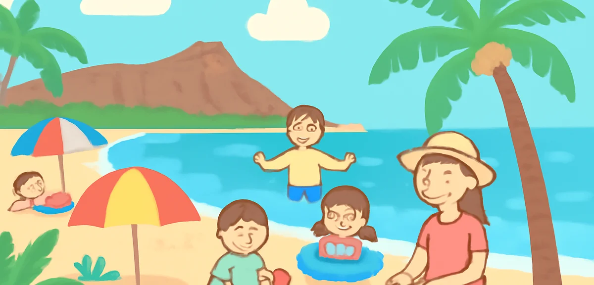 Waikiki Beach at daytime with clear blue water, families enjoying the beach with colorful umbrellas,