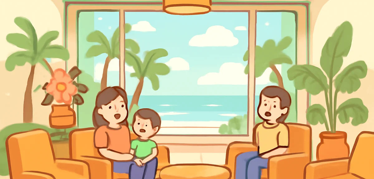 Interior of a modern Hawaiian resort hotel lobby with tropical decor, comfortable seating, family-fr