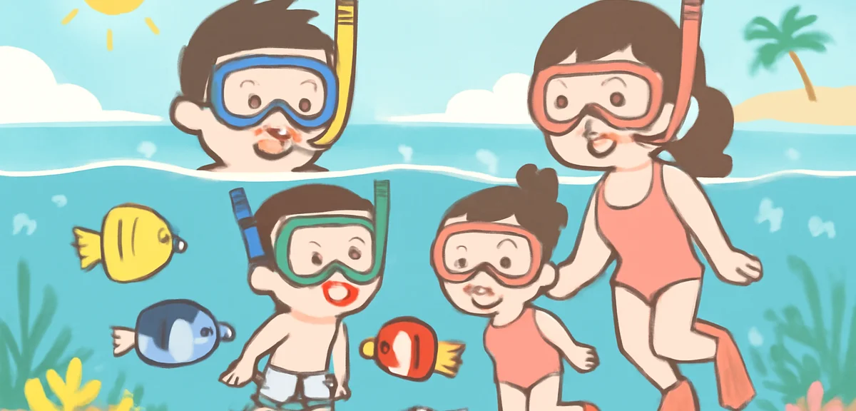 A Japanese family with children snorkeling and observing colorful tropical fish in clear shallow Haw