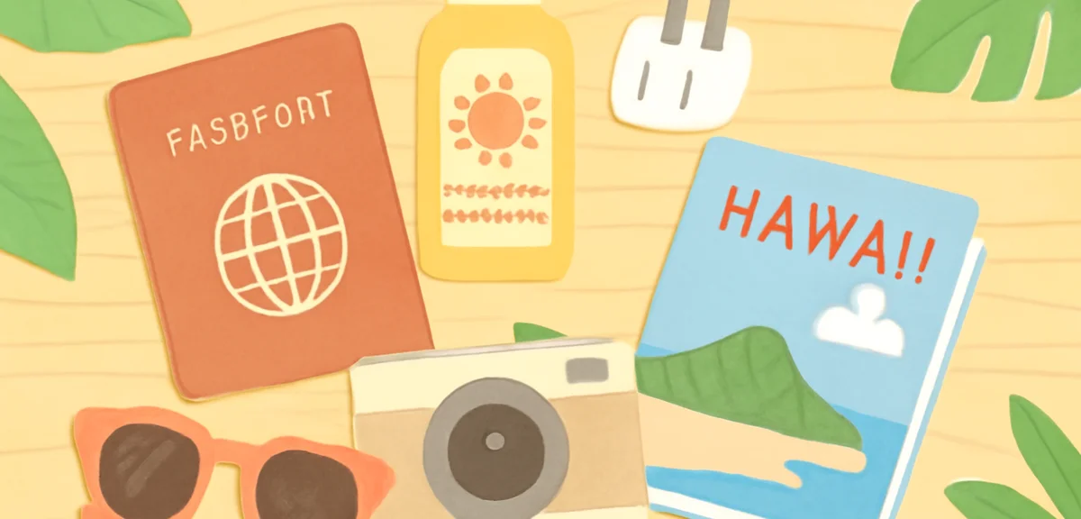 A collection of Hawaii travel essentials laid out neatly: passport, reef-safe sunscreen bottle, trav