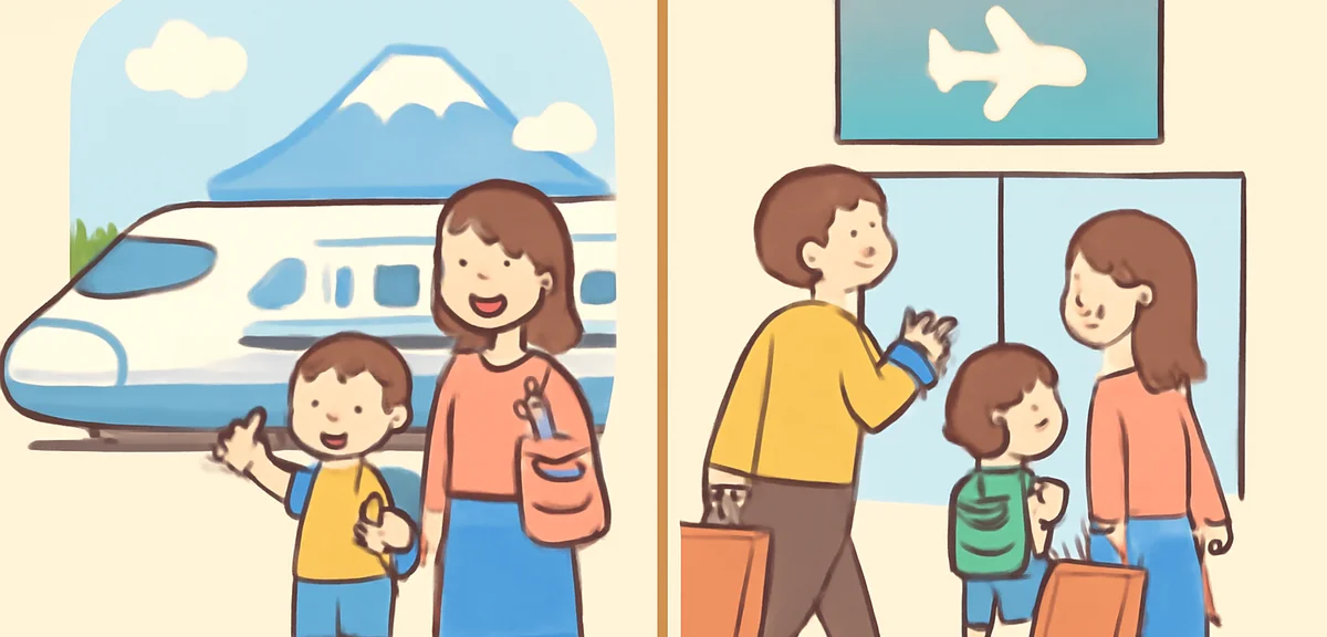 A clean split illustration weighing domestic vs overseas summer travel in Japan. On one side, a fami