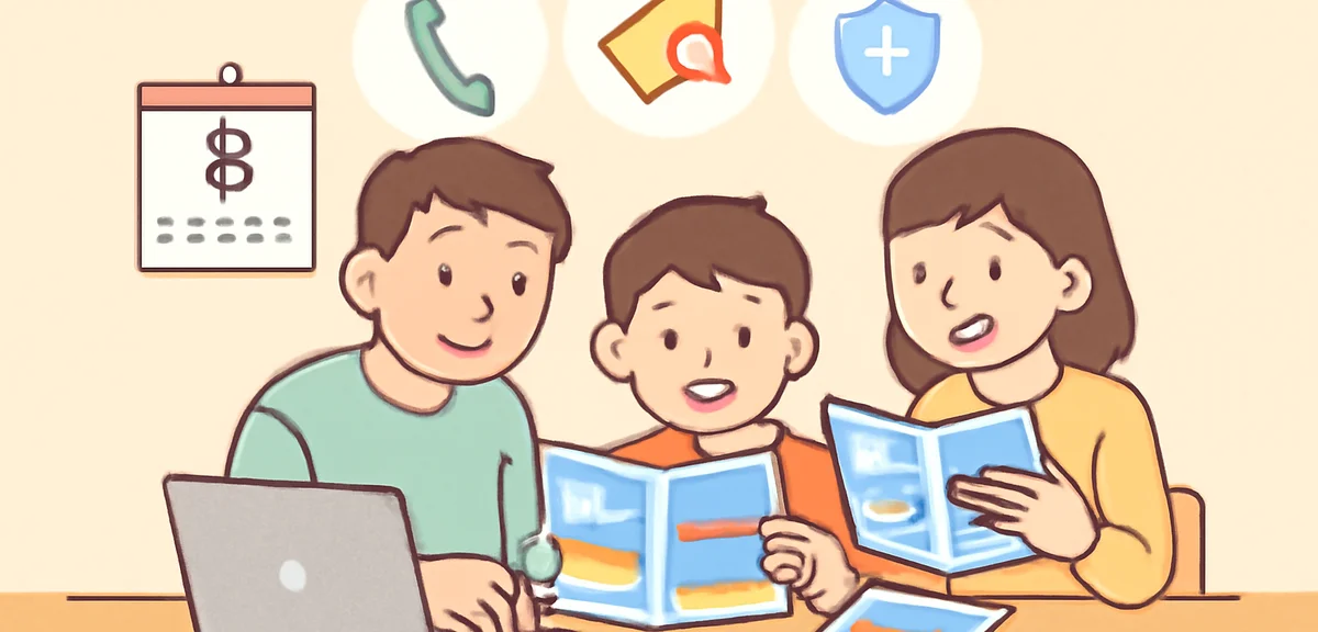 A friendly illustration of a Japanese family sitting at a table with a laptop and printed brochures,