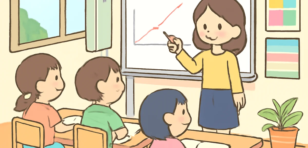 Japanese elementary school children in a small summer group lesson at a cram school, a young teacher