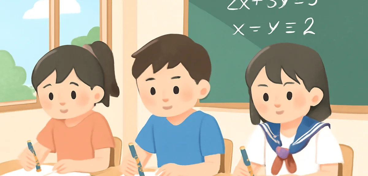 Japanese junior high school students in a summer cram school classroom taking notes on math problems