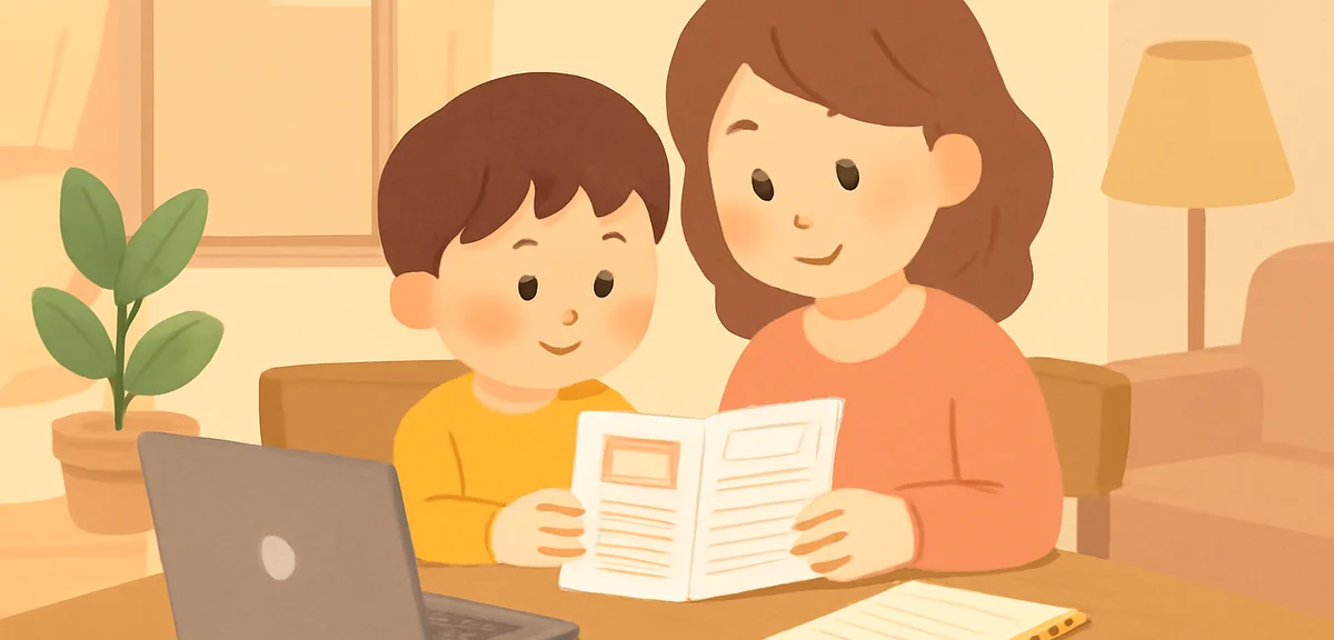 A parent and child at home reviewing a cram school pamphlet and price sheet on a wooden dining table