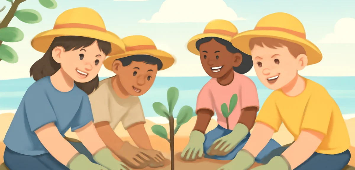 A group of young international volunteers planting mangrove seedlings on a tropical coastline, weari