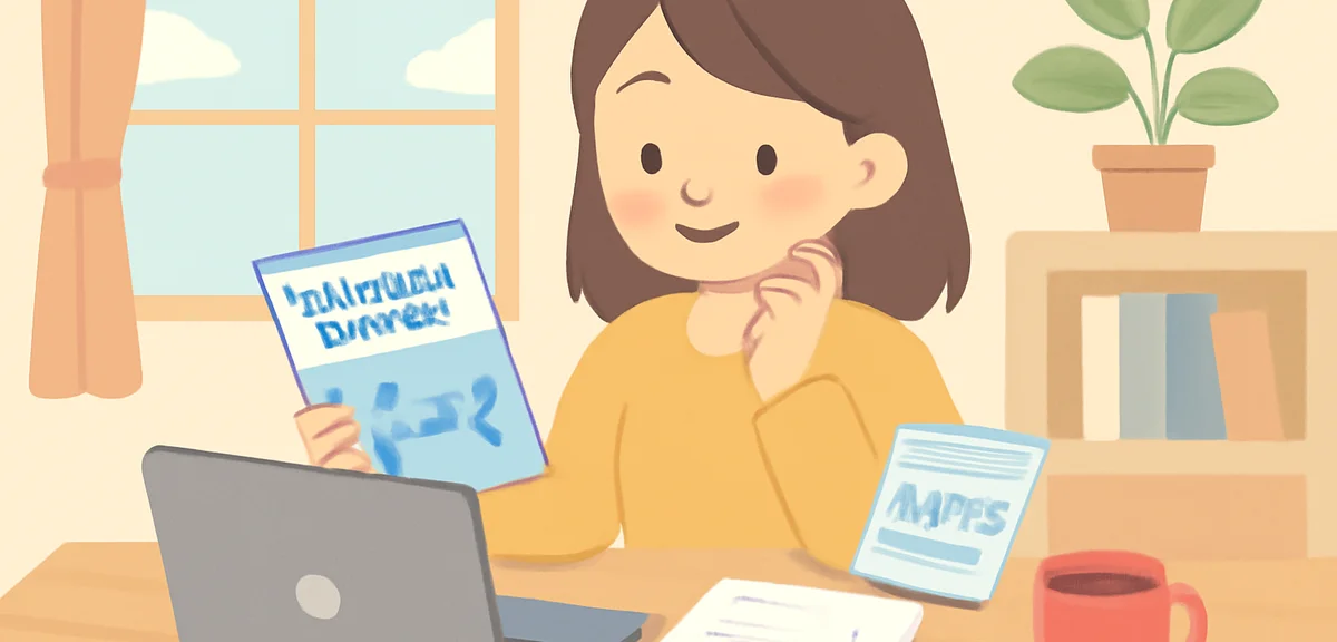A Japanese female university student sitting at a wooden table with a laptop comparing overseas volu