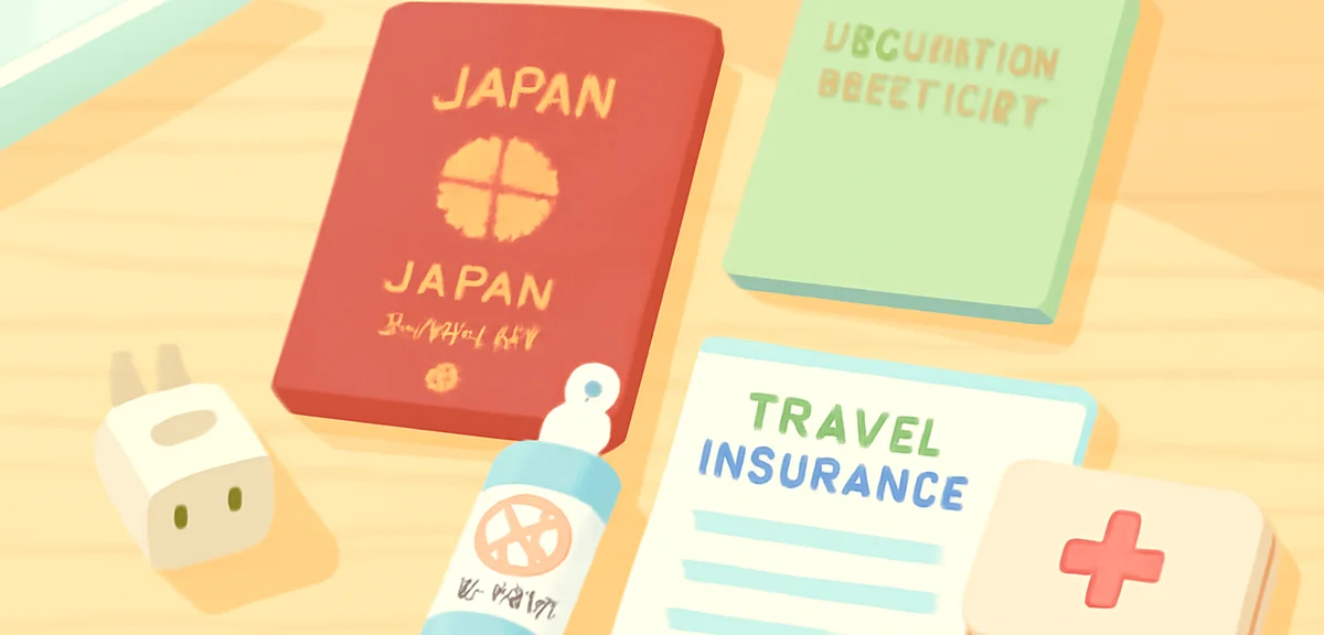 A neatly arranged flat lay of overseas travel preparation items on a wooden desk, including a Japane