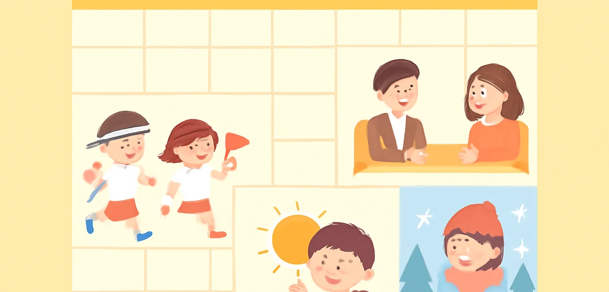 Japanese school year calendar with icons of sports day, parent-teacher meeting, summer vacation and 