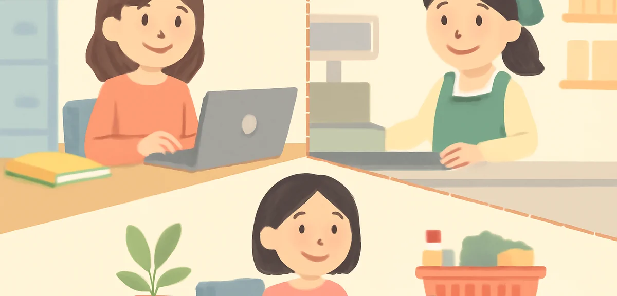 Diverse Japanese mothers working part-time in different settings, one at a small office, one at a su