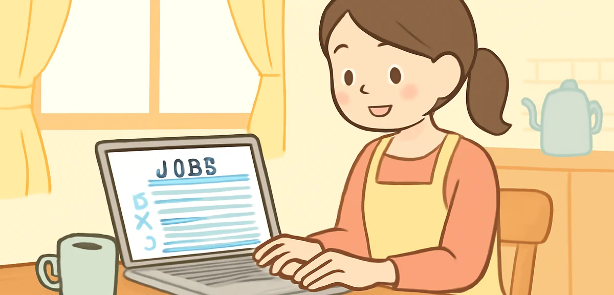 Japanese mother browsing job listing websites on a laptop at a wooden kitchen table, coffee cup and 