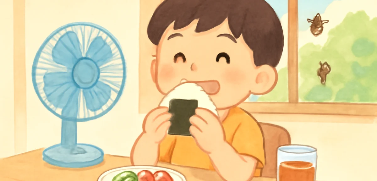 Watercolor illustration of a Japanese elementary school child eating a rice ball in a bright dining 