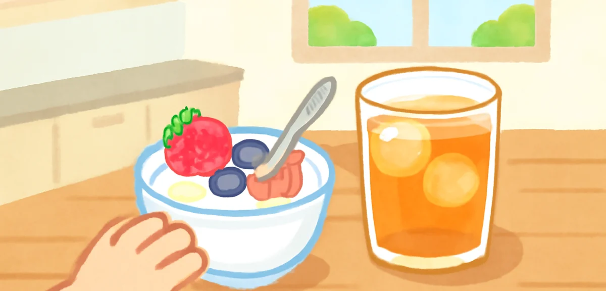 Watercolor illustration of a small bowl of yogurt with seasonal fruit and a glass of barley tea on a