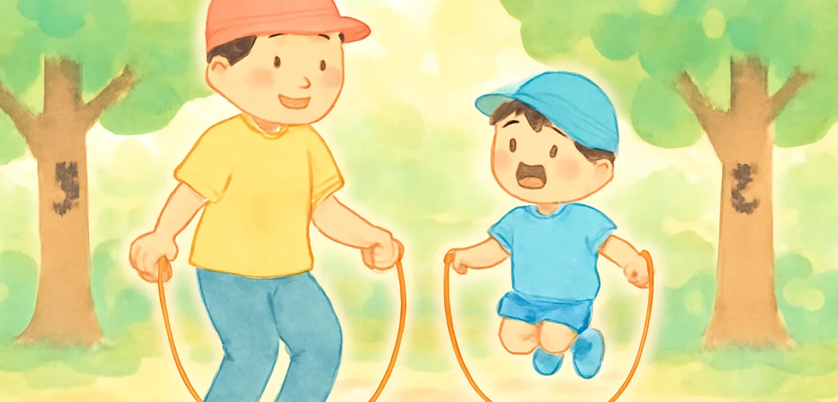 Watercolor illustration of a Japanese parent and elementary-aged child jumping rope together in a sh