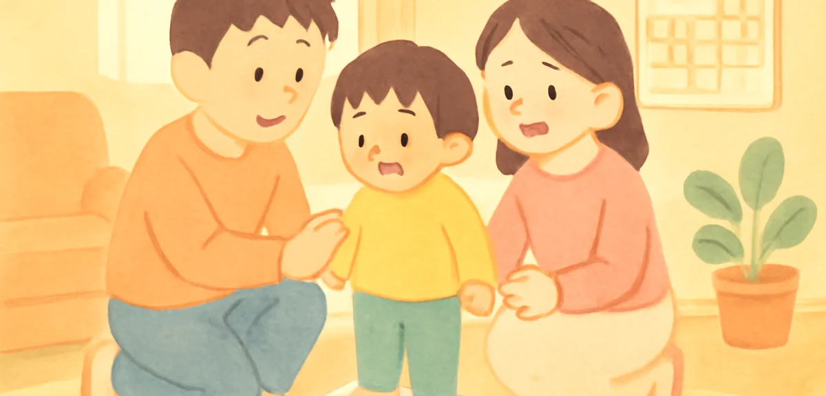 Watercolor illustration of a Japanese family checking a small home scale together in a bright living