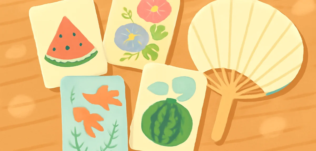 Flat lay of assorted traditional Japanese pochi-bukuro envelopes with summer motifs like watermelon,