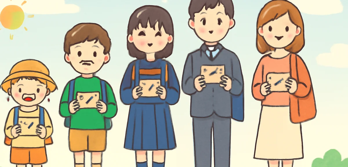 Cheerful illustration comparing children of different ages preschool, elementary, junior high, high 