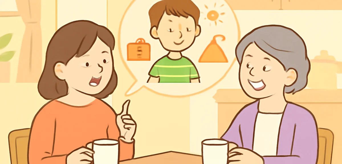 A parent and grandparent talking calmly at a kitchen table with a cup of tea, discussing children's 