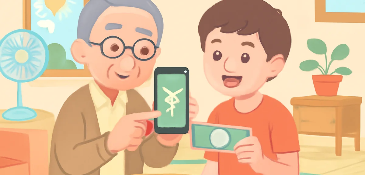 Modern scene of a grandparent showing a smartphone screen to a teenage grandchild, symbolizing cashl
