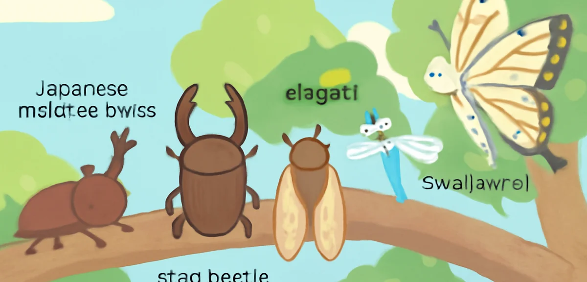 Close-up illustration of Japanese summer insects on a tree branch: a Japanese rhinoceros beetle, a s