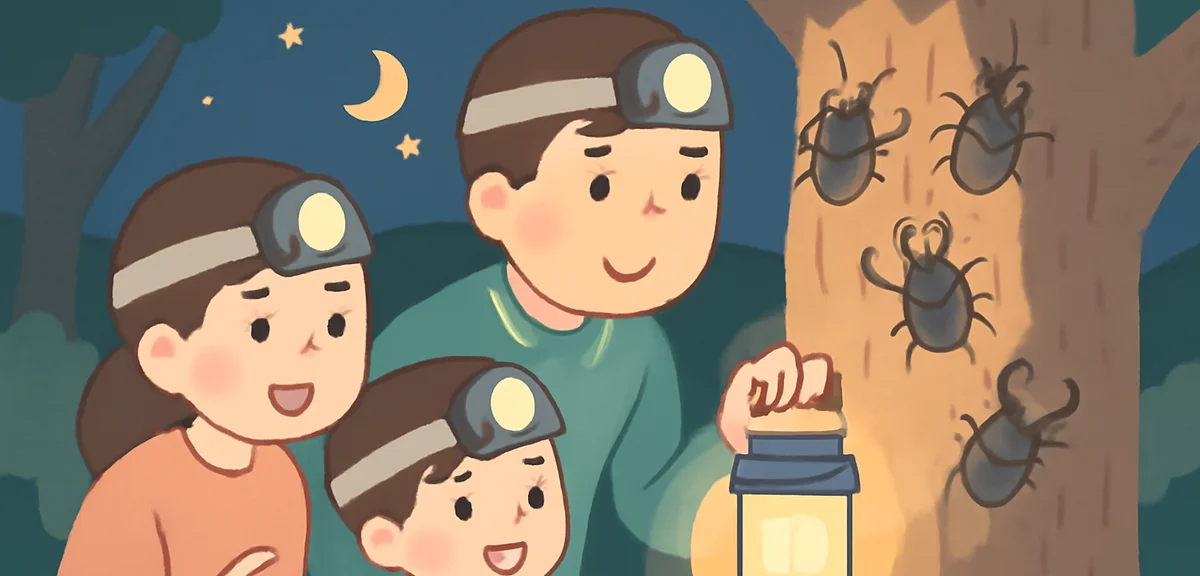 Nighttime forest scene: a Japanese family with headlamps carefully approaching an oak tree trunk wit