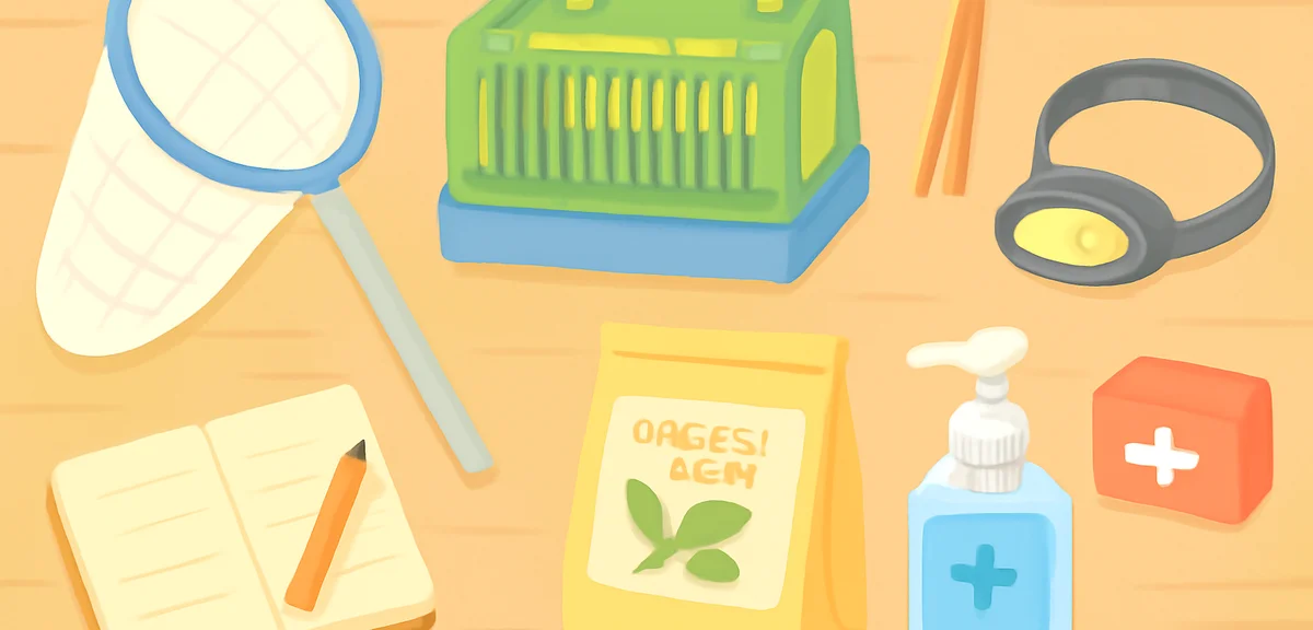 Top-down flat illustration of insect collecting tools neatly arranged on a wooden table: extendable 