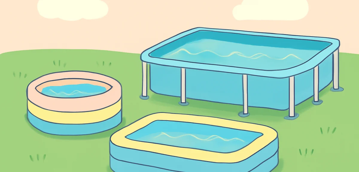 Various types of home pools lined up on grass: a small round baby pool, a rectangular inflatable poo