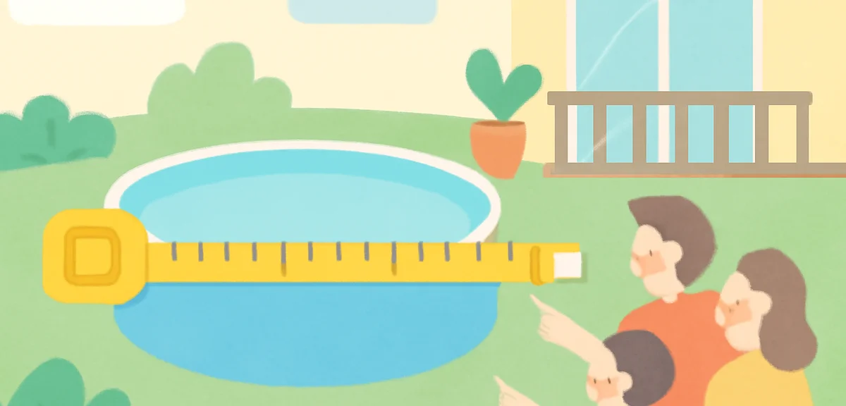 A tape measure laid across a home garden and balcony to indicate pool sizing considerations, with a 