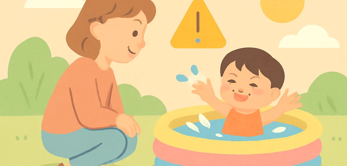 A parent kneeling beside a small inflatable pool watching a toddler splash safely, warm afternoon li