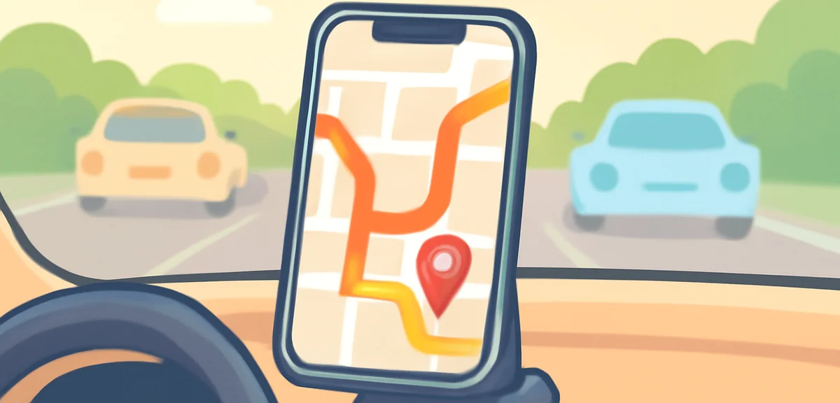 Smartphone screen mockup on a car dashboard showing a stylized traffic congestion map with red and y