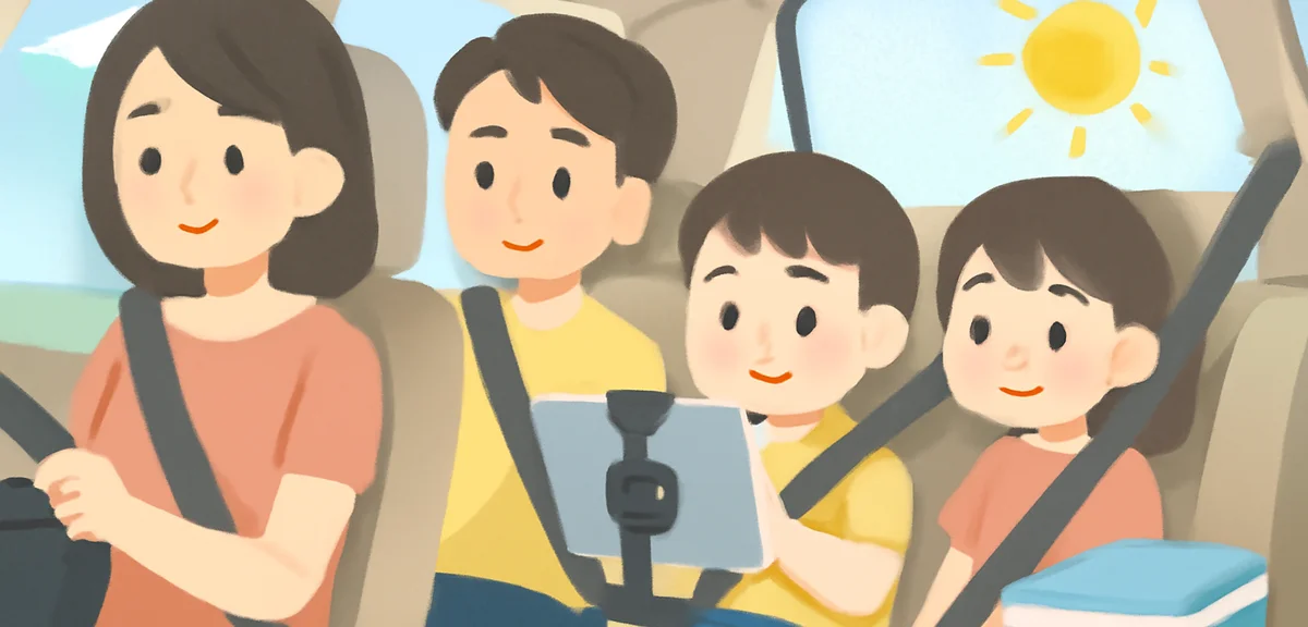 Inside a family car during a long summer drive, two children in the back seat wearing seatbelts, one