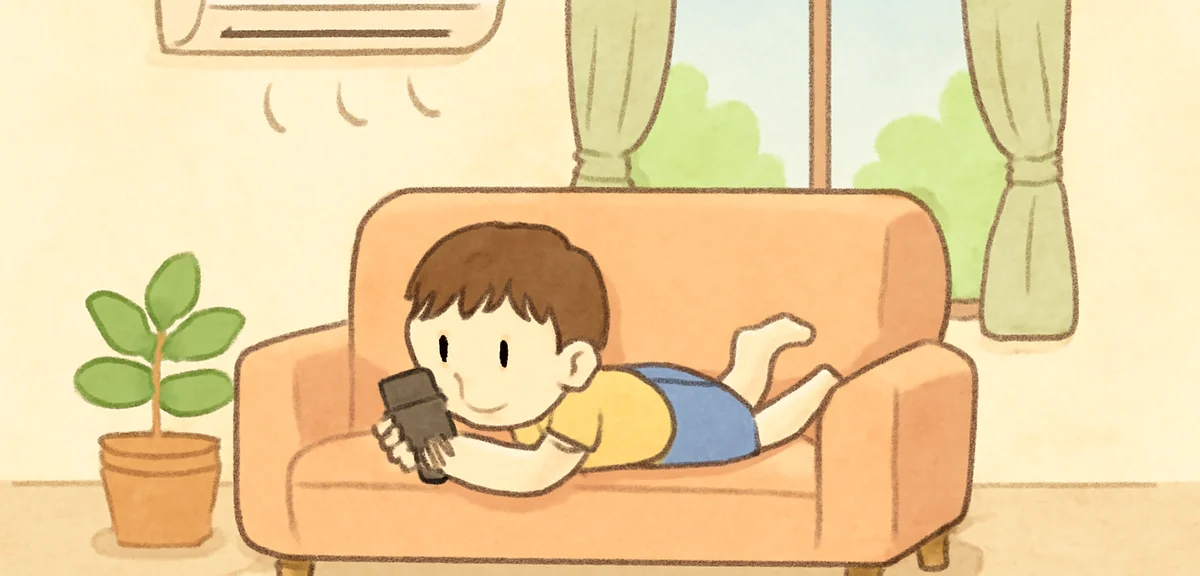 An illustrated Japanese living room in summer, a child lying on a sofa staring at a smartphone with 