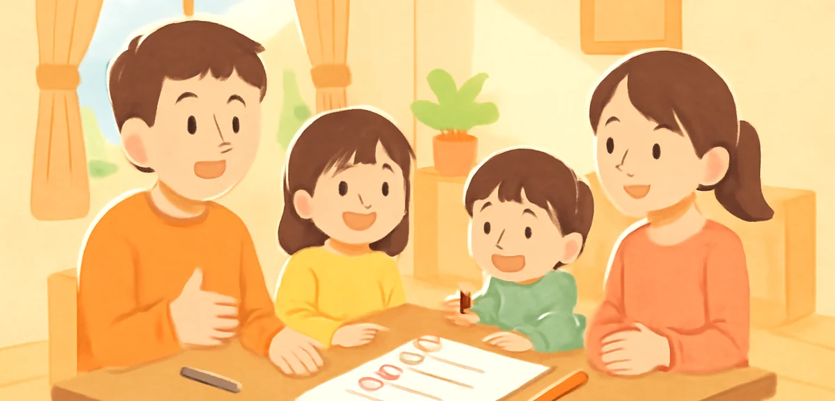 An illustrated family meeting scene at home: parents and two children (elementary and preschool) sit