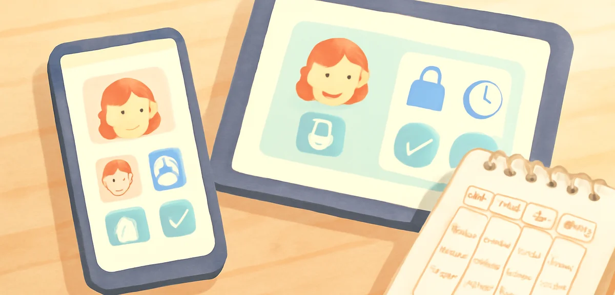 An illustrated close-up of a smartphone and tablet on a wooden desk, showing generic parental contro